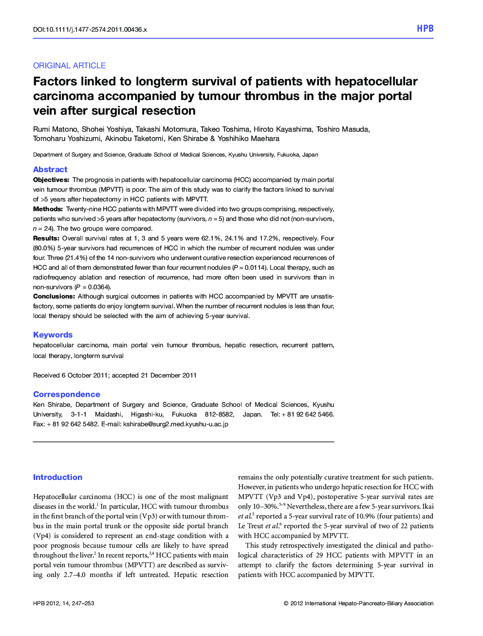 Factors linked to longterm survival of patients with hepatocellular carcinoma accompanied by tumour thrombus in the major portal vein after surgical resection