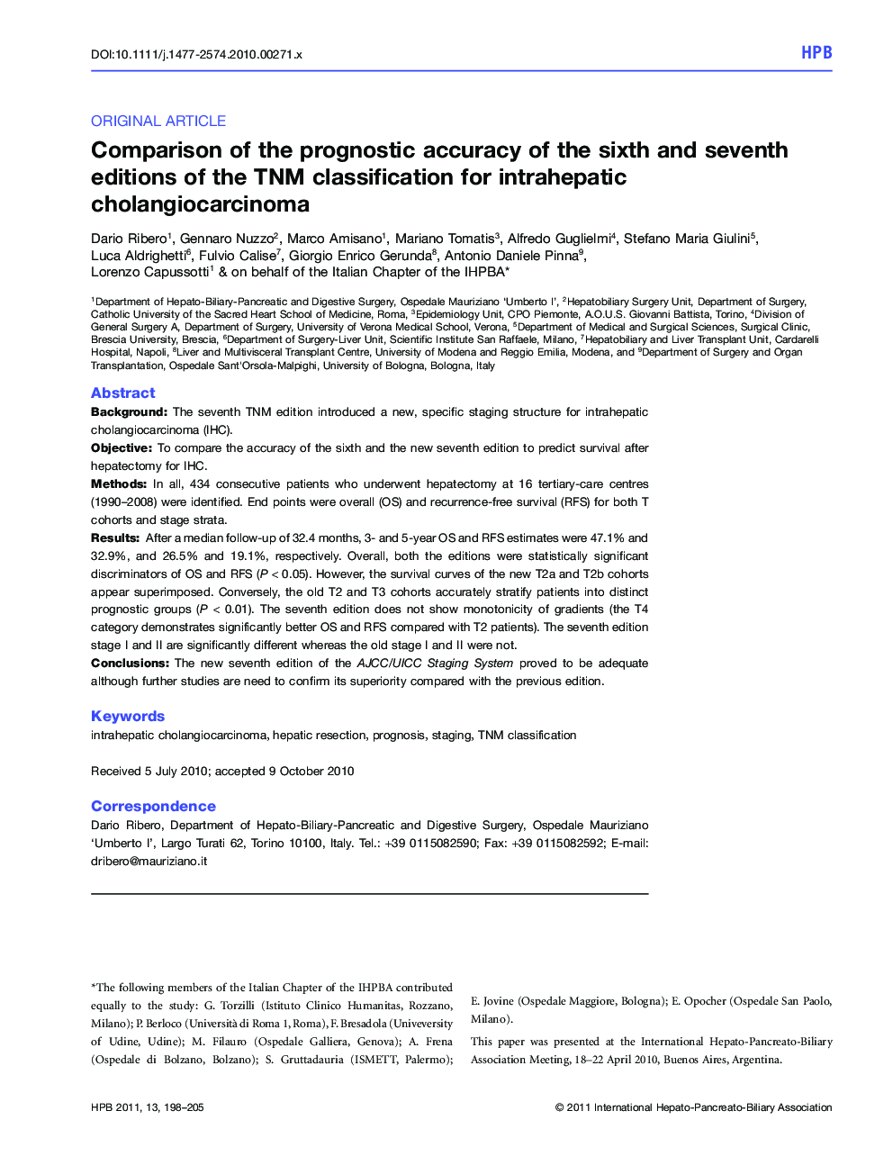 Comparison of the prognostic accuracy of the sixth and seventh editions of the TNM classification for intrahepatic cholangiocarcinoma