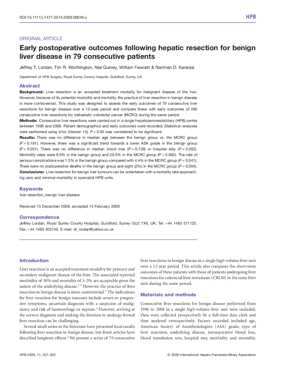 Early postoperative outcomes following hepatic resection for benign liver disease in 79 consecutive patients