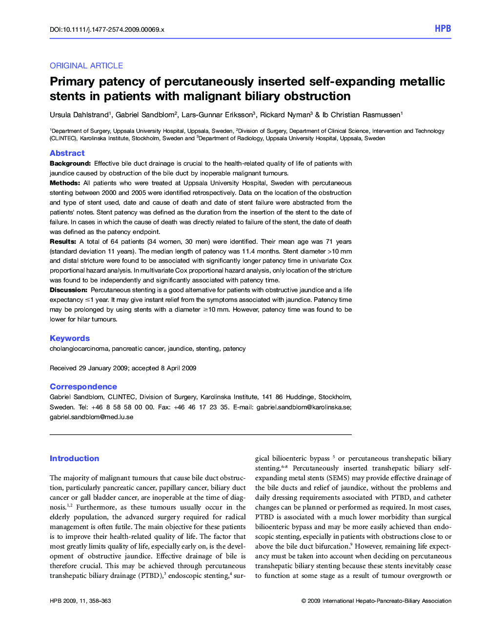 Primary patency of percutaneously inserted self-expanding metallic stents in patients with malignant biliary obstruction