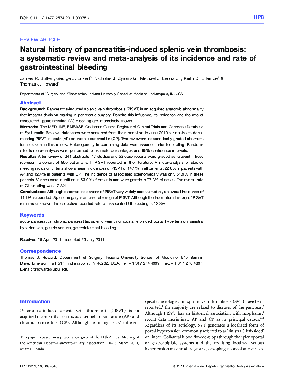 Natural history of pancreatitis-induced splenic vein thrombosis: a systematic review and meta-analysis of its incidence and rate of gastrointestinal bleeding