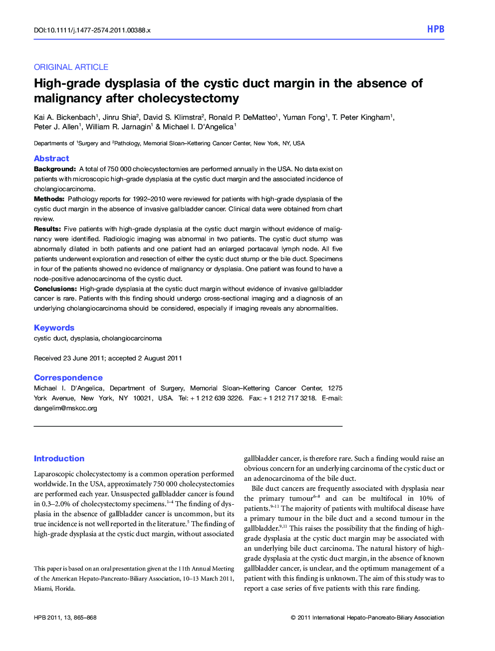 High-grade dysplasia of the cystic duct margin in the absence of malignancy after cholecystectomy