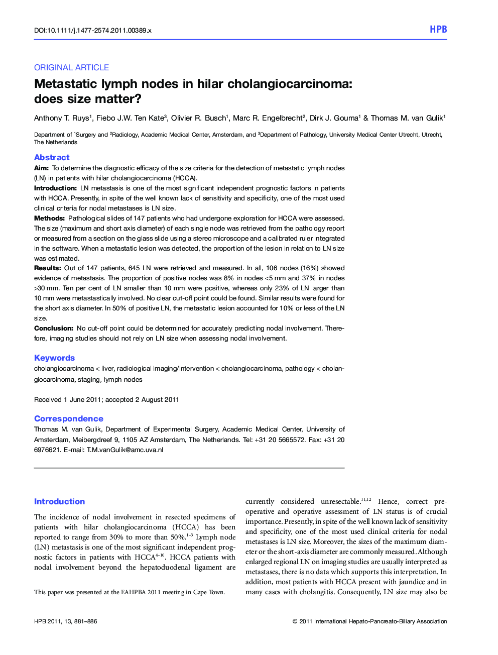 Metastatic lymph nodes in hilar cholangiocarcinoma: does size matter?