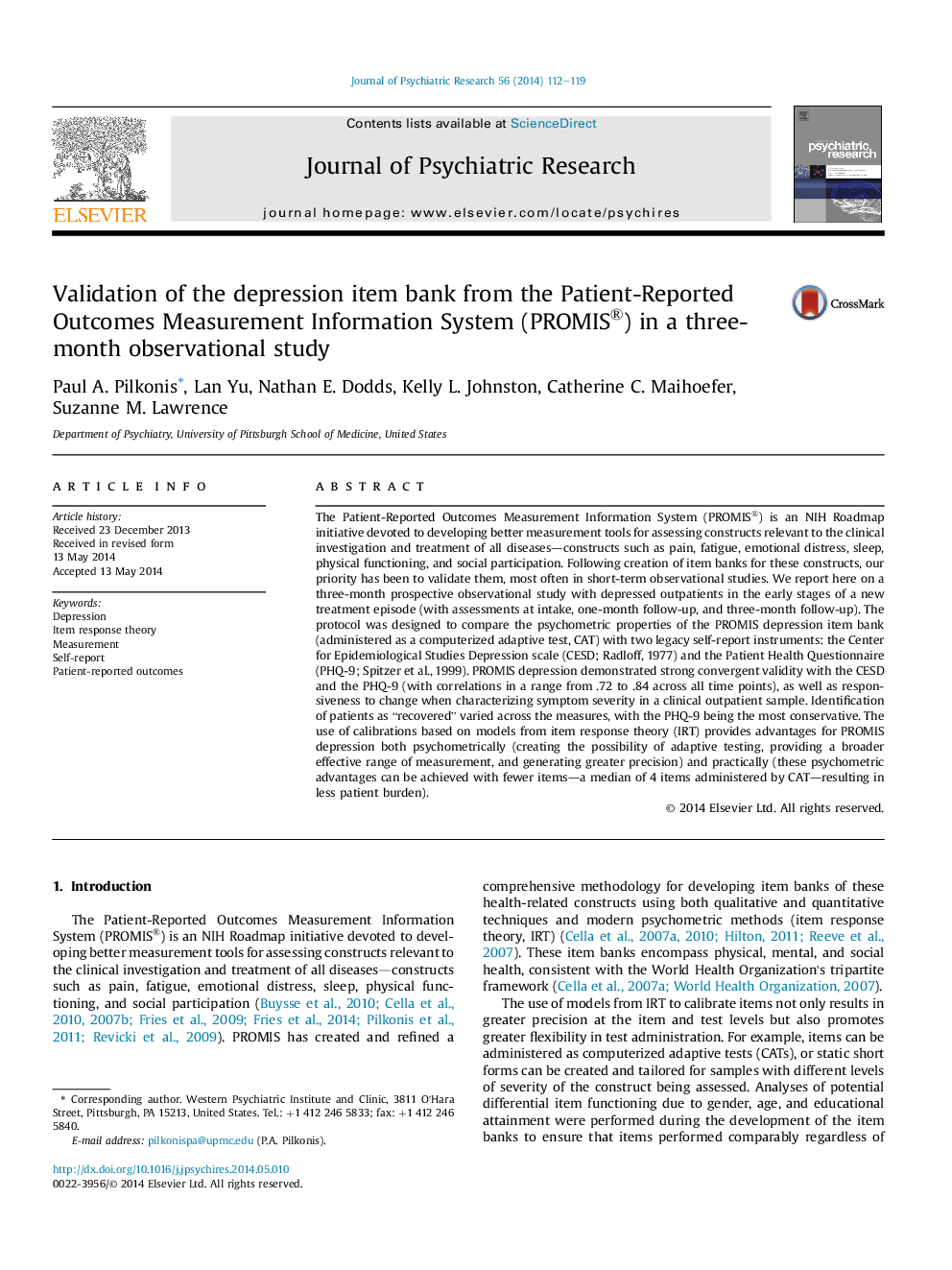 Validation of the depression item bank from the Patient-Reported Outcomes Measurement Information System (PROMIS®) in a three-month observational study