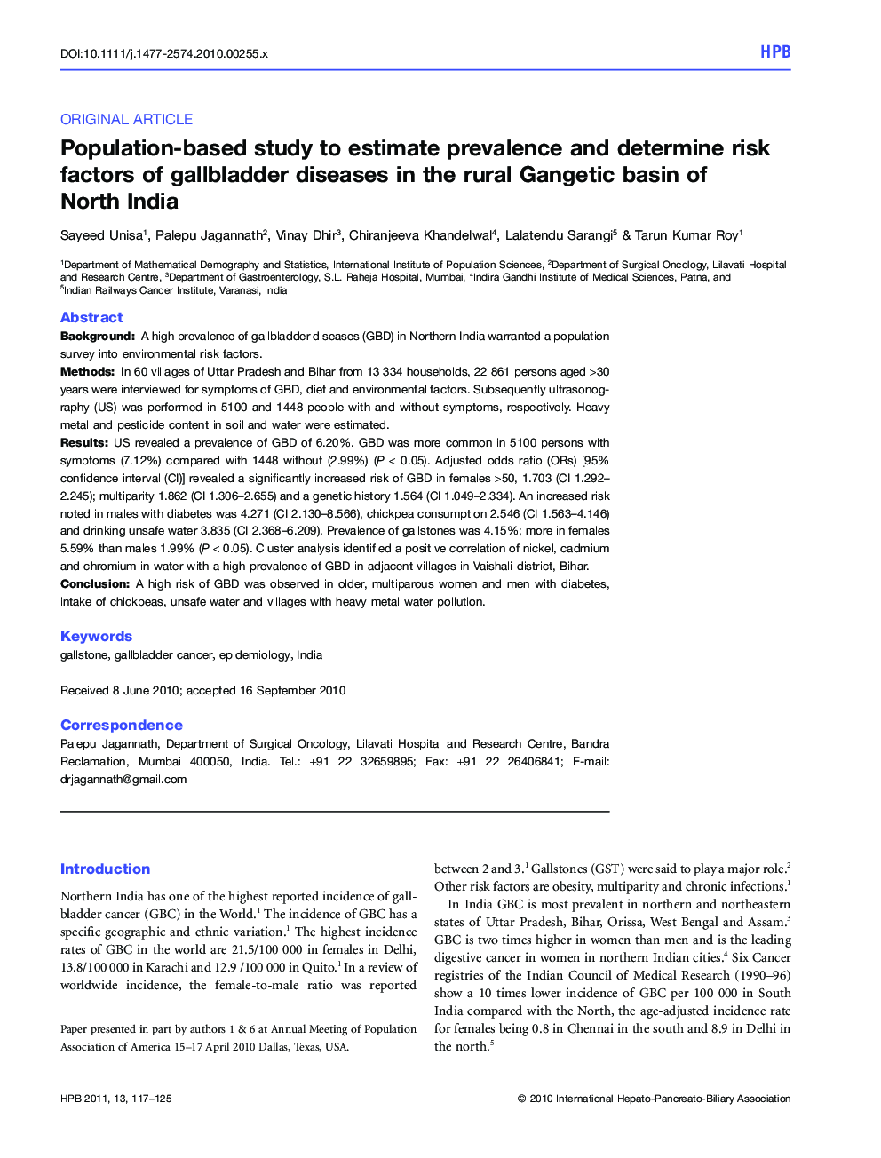 Population-based study to estimate prevalence and determine risk factors of gallbladder diseases in the rural Gangetic basin of North India