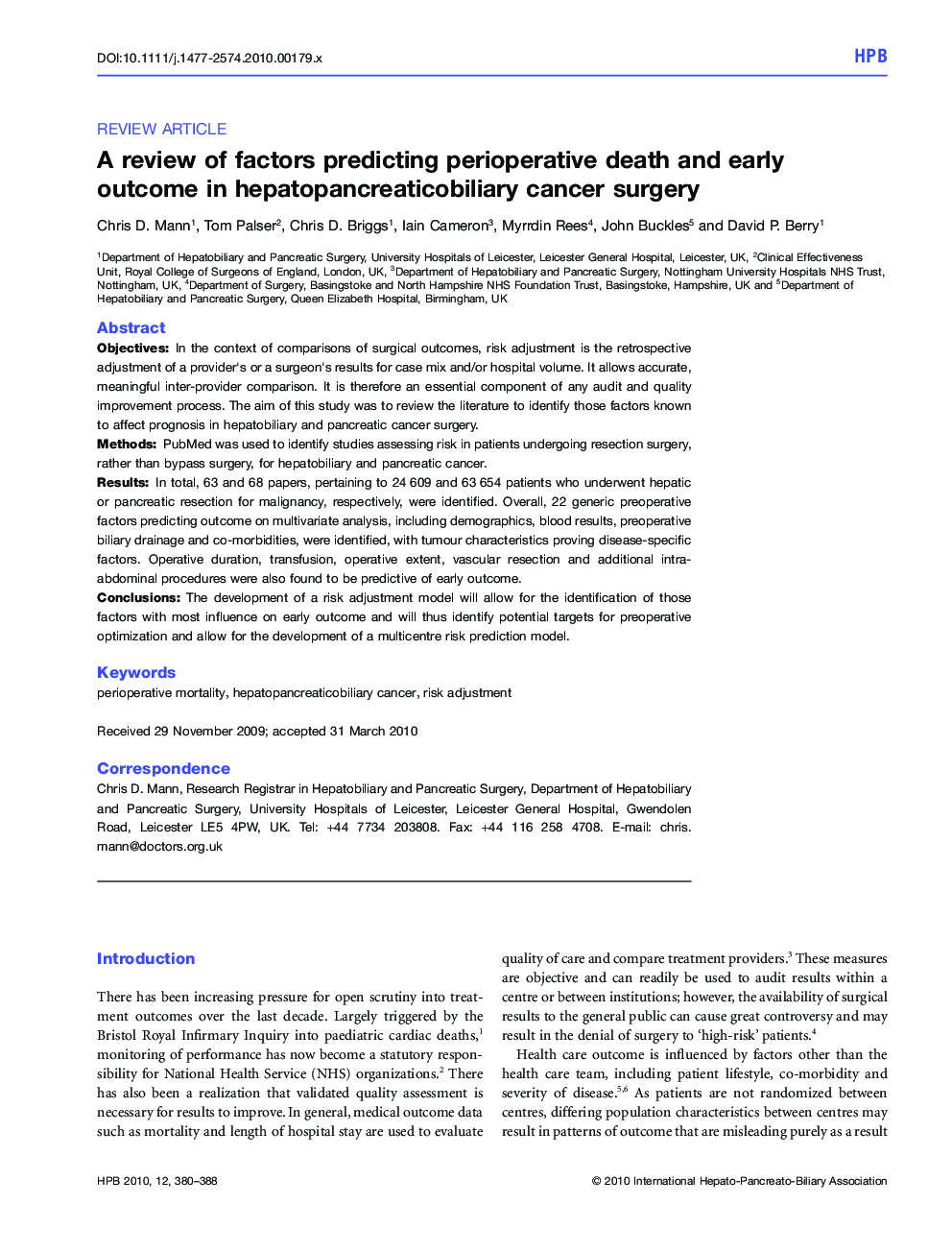 A review of factors predicting perioperative death and early outcome in hepatopancreaticobiliary cancer surgery