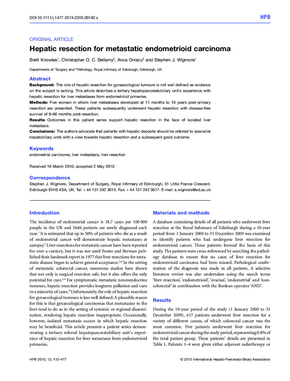 Hepatic resection for metastatic endometrioid carcinoma