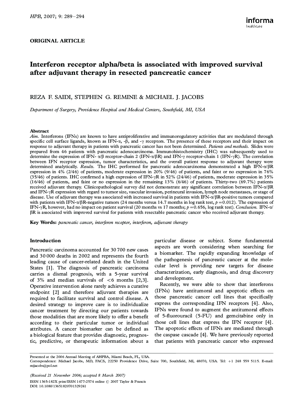 Interferon receptor alpha/beta is associated with improved survival after adjuvant therapy in resected pancreatic cancer