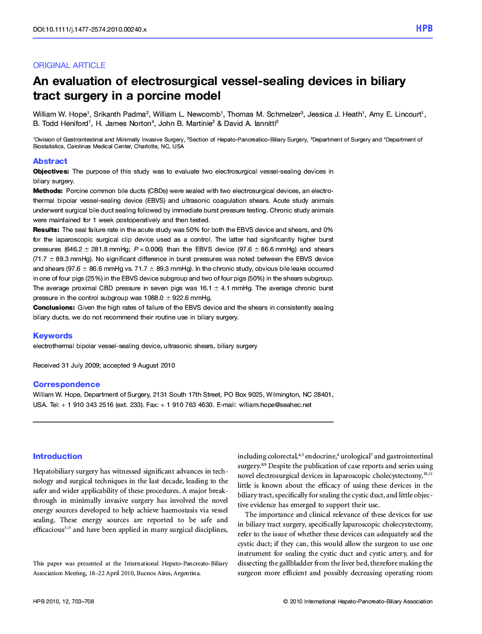 An evaluation of electrosurgical vessel-sealing devices in biliary tract surgery in a porcine model