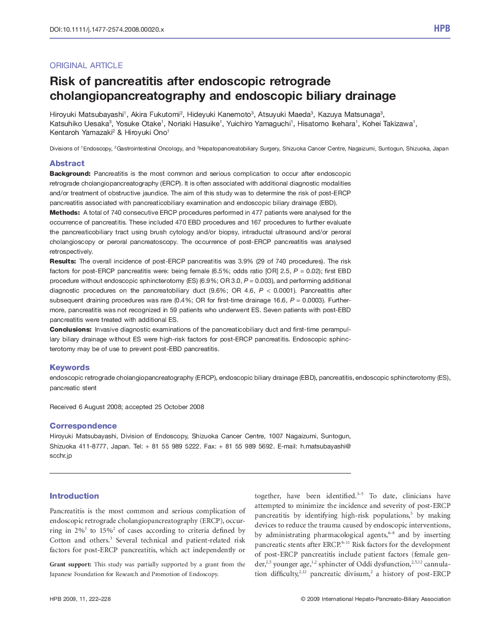 Risk of pancreatitis after endoscopic retrograde cholangiopancreatography and endoscopic biliary drainage