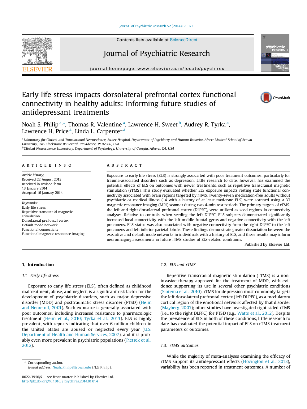 Early life stress impacts dorsolateral prefrontal cortex functional connectivity in healthy adults: Informing future studies of antidepressant treatments