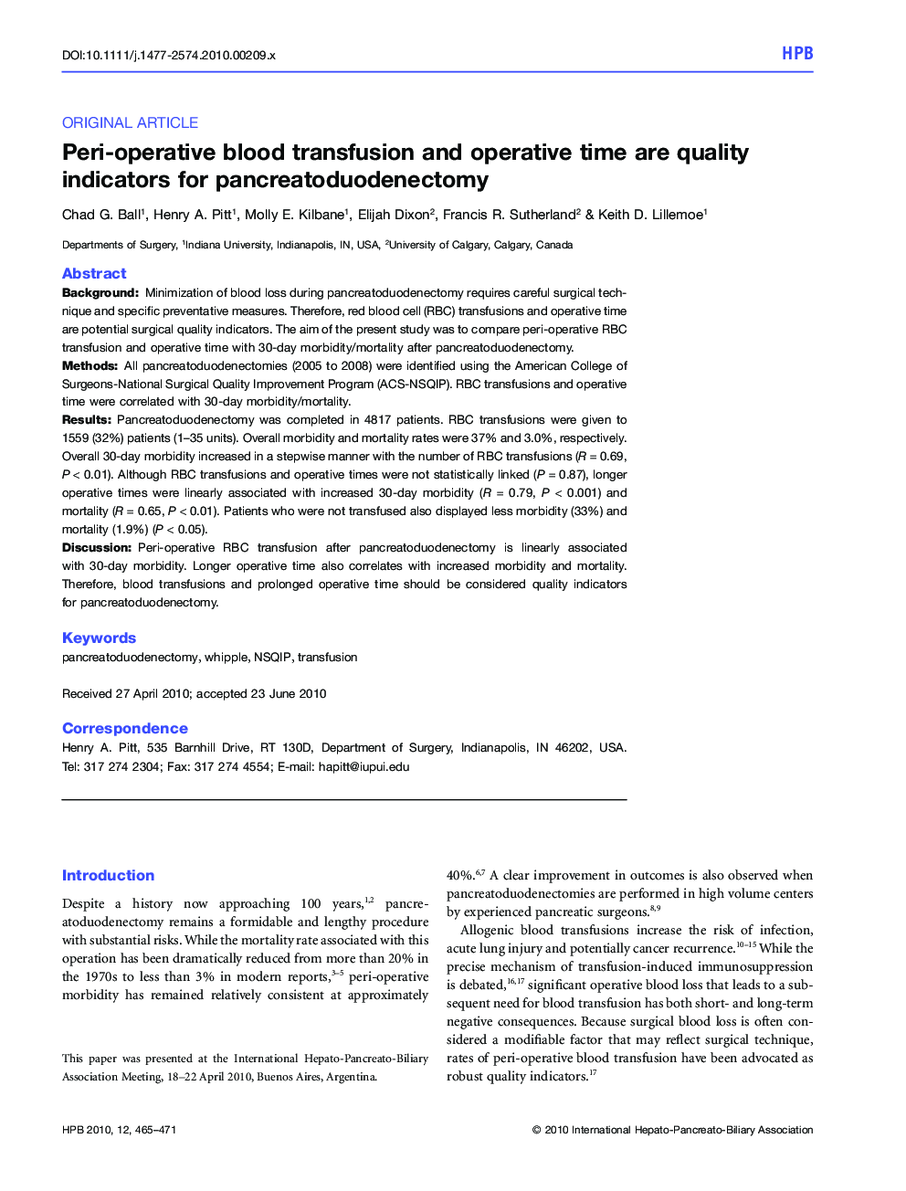 Peri-operative blood transfusion and operative time are quality indicators for pancreatoduodenectomy