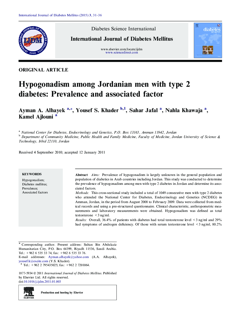 Hypogonadism among Jordanian men with type 2 diabetes: Prevalence and associated factor
