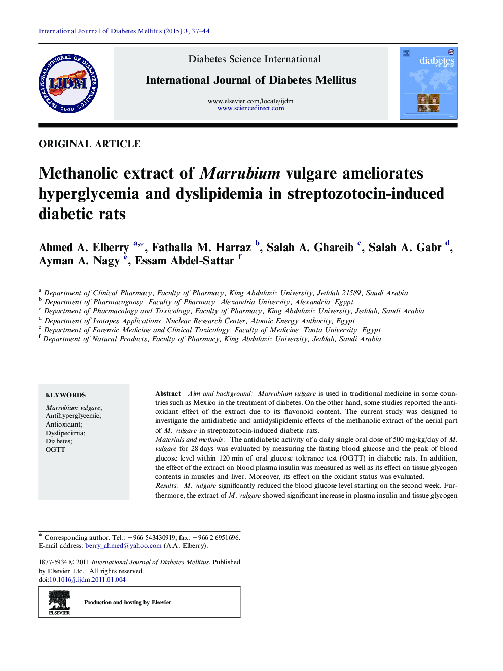 Methanolic extract of Marrubium vulgare ameliorates hyperglycemia and dyslipidemia in streptozotocin-induced diabetic rats