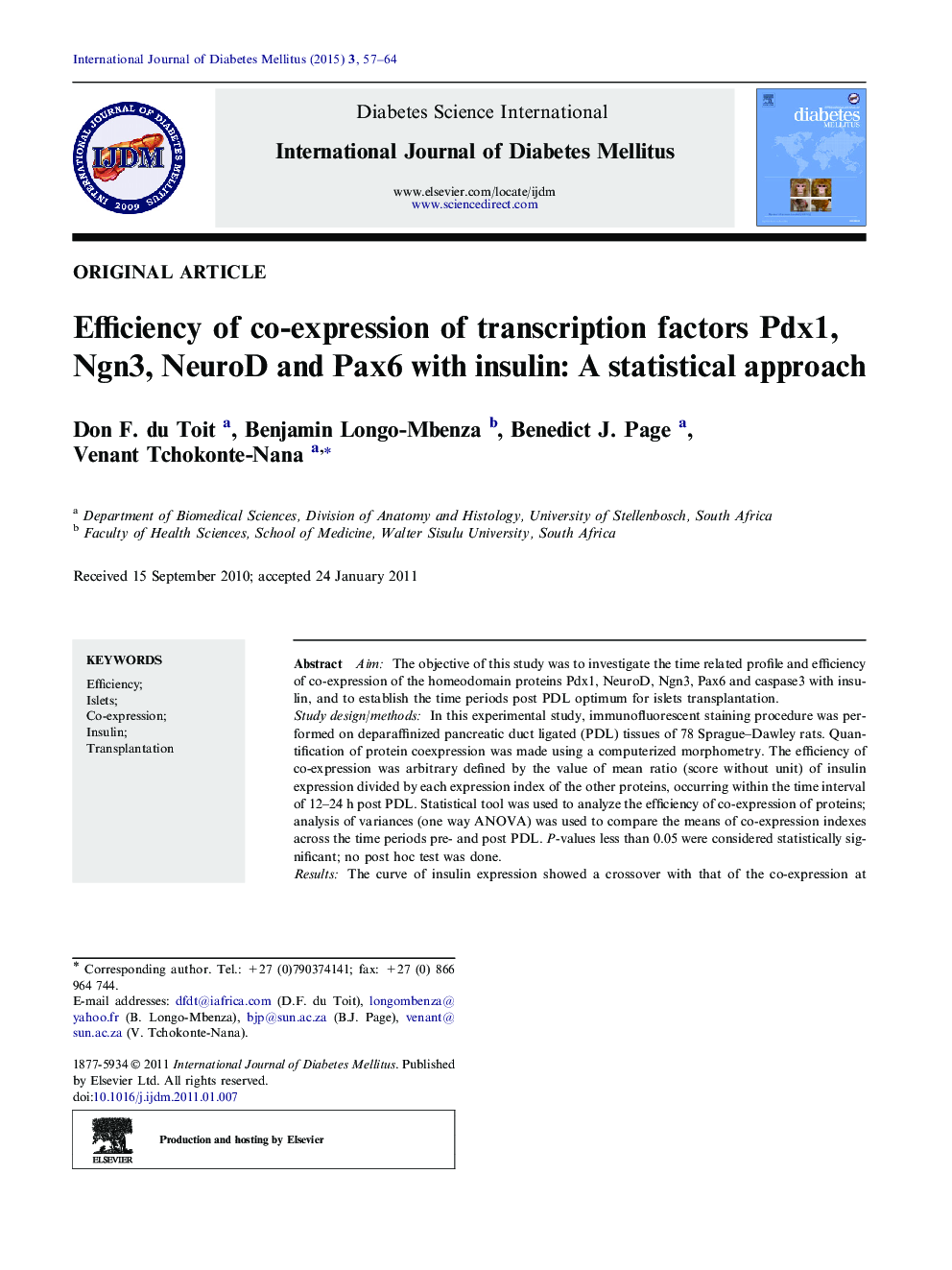 Efficiency of co-expression of transcription factors Pdx1, Ngn3, NeuroD and Pax6 with insulin: A statistical approach