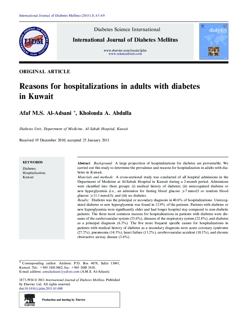 Reasons for hospitalizations in adults with diabetes in Kuwait