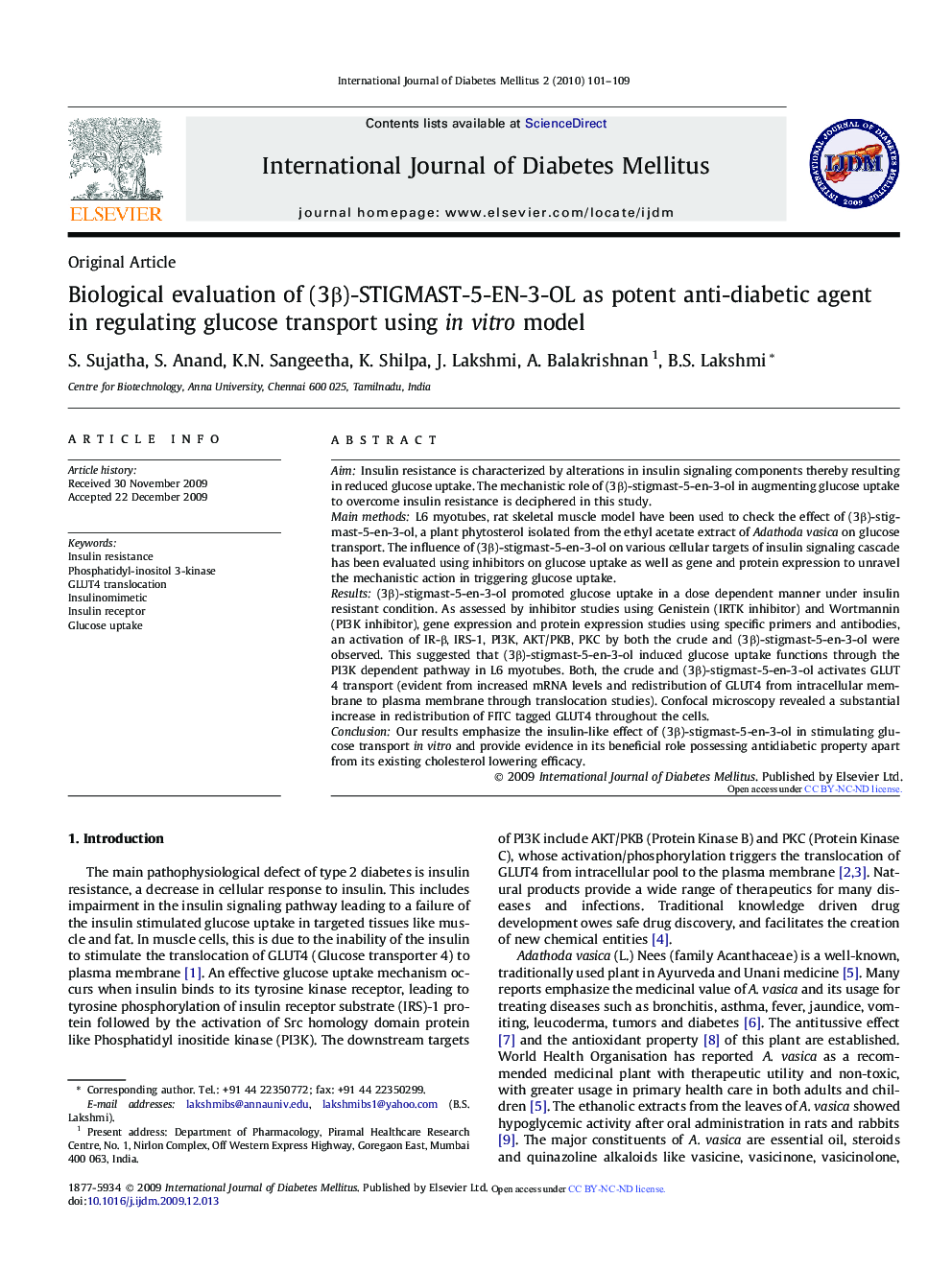 Biological evaluation of (3β)-STIGMAST-5-EN-3-OL as potent anti-diabetic agent in regulating glucose transport using in vitro model