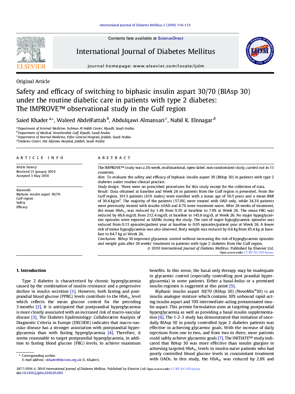 Safety and efficacy of switching to biphasic insulin aspart 30/70 (BIAsp 30) under the routine diabetic care in patients with type 2 diabetes: The IMPROVE™ observational study in the Gulf region
