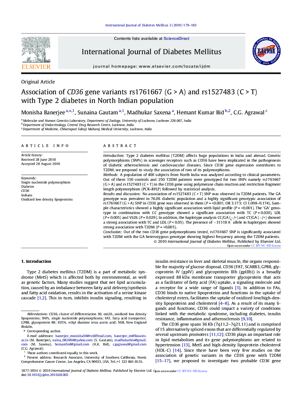 Association of CD36 gene variants rs1761667 (G > A) and rs1527483 (C > T) with Type 2 diabetes in North Indian population