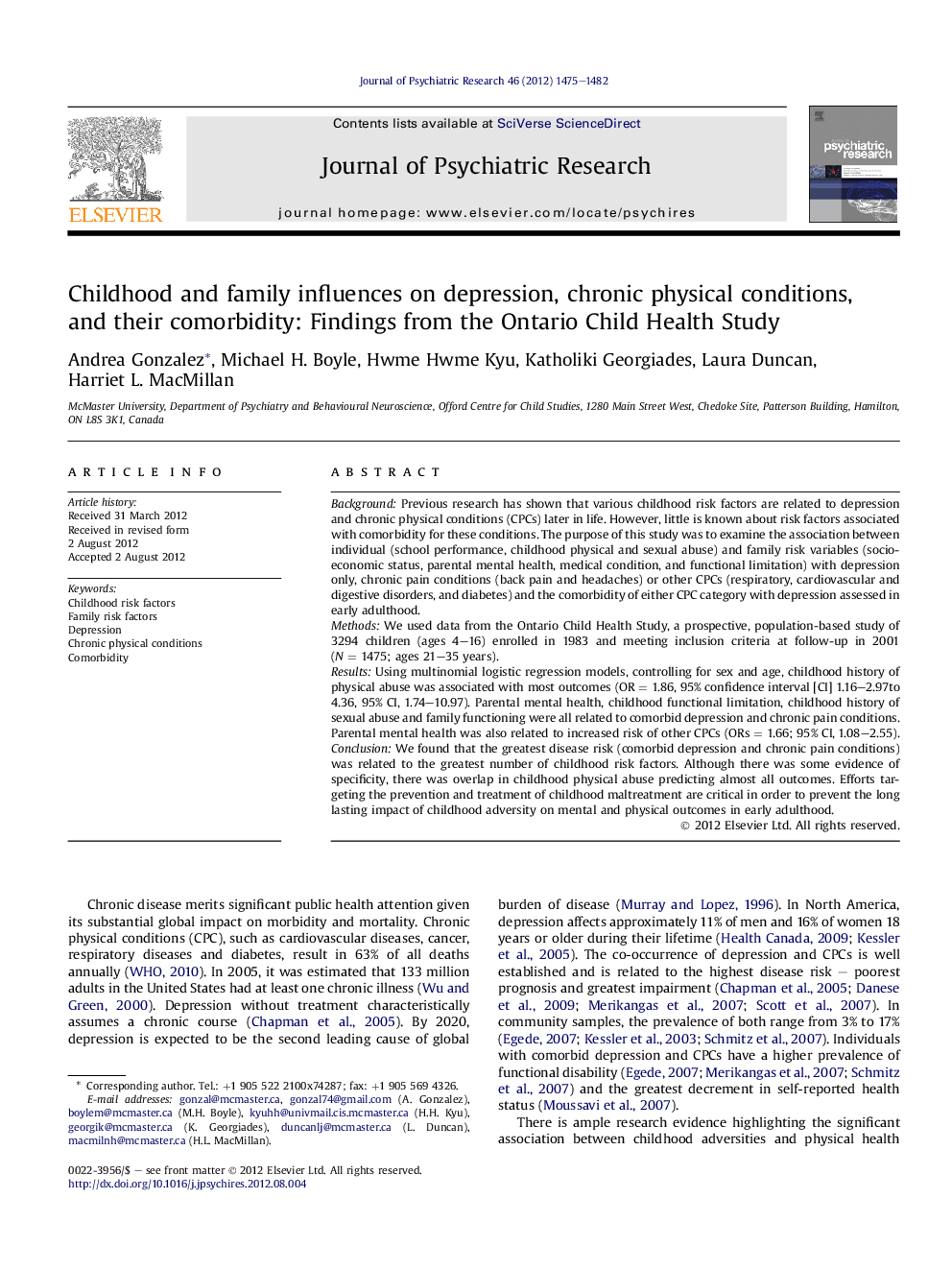 Childhood and family influences on depression, chronic physical conditions, and their comorbidity: Findings from the Ontario Child Health Study