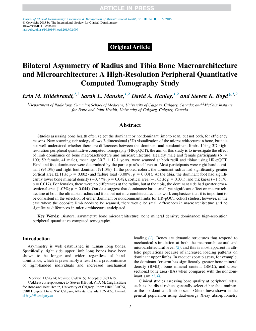 Bilateral Asymmetry of Radius and Tibia Bone Macroarchitecture and Microarchitecture: A High-Resolution Peripheral Quantitative Computed Tomography Study