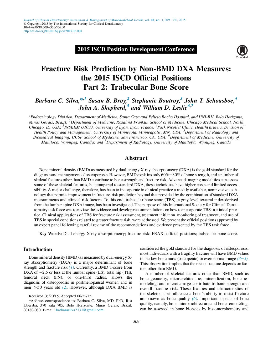 Fracture Risk Prediction by Non-BMD DXA Measures: the 2015 ISCD Official Positions Part 2: Trabecular Bone Score