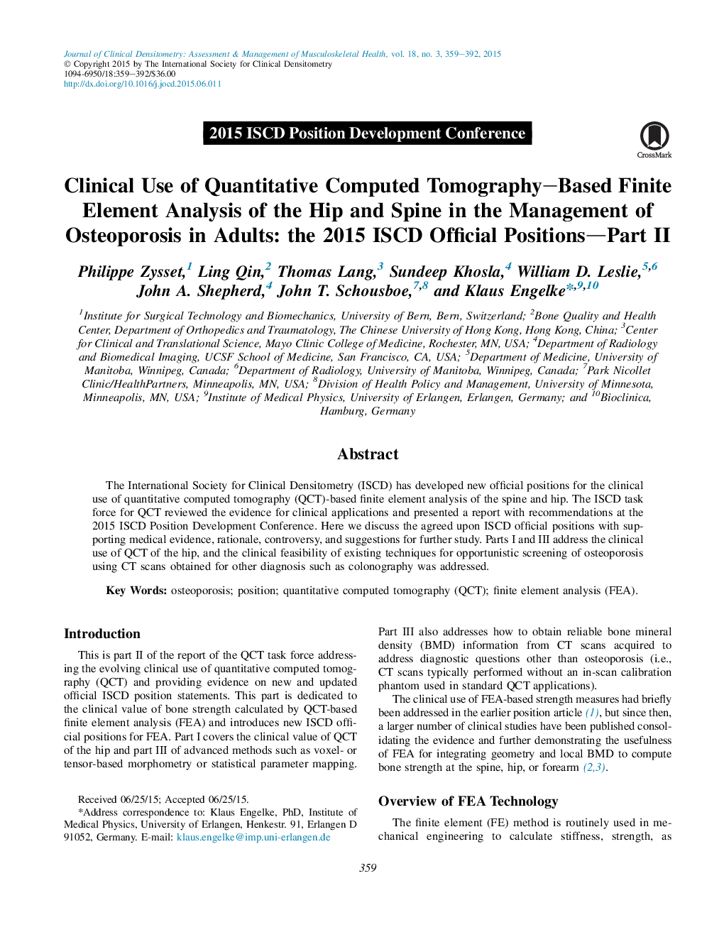 Clinical Use of Quantitative Computed Tomography-Based Finite Element Analysis of the Hip and Spine in the Management of Osteoporosis in Adults: the 2015 ISCD Official Positions-Part II