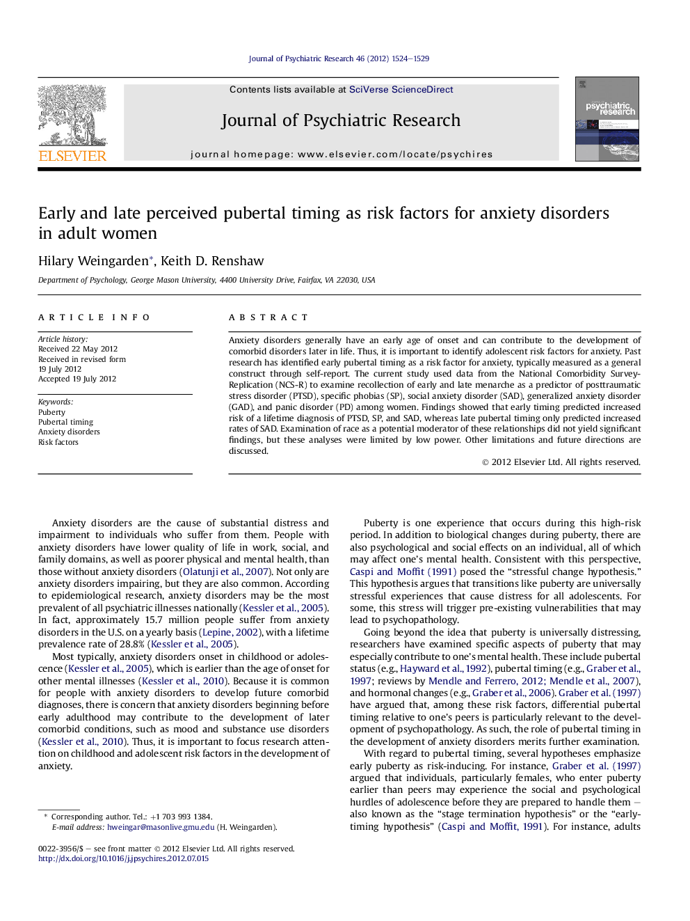 Early and late perceived pubertal timing as risk factors for anxiety disorders in adult women