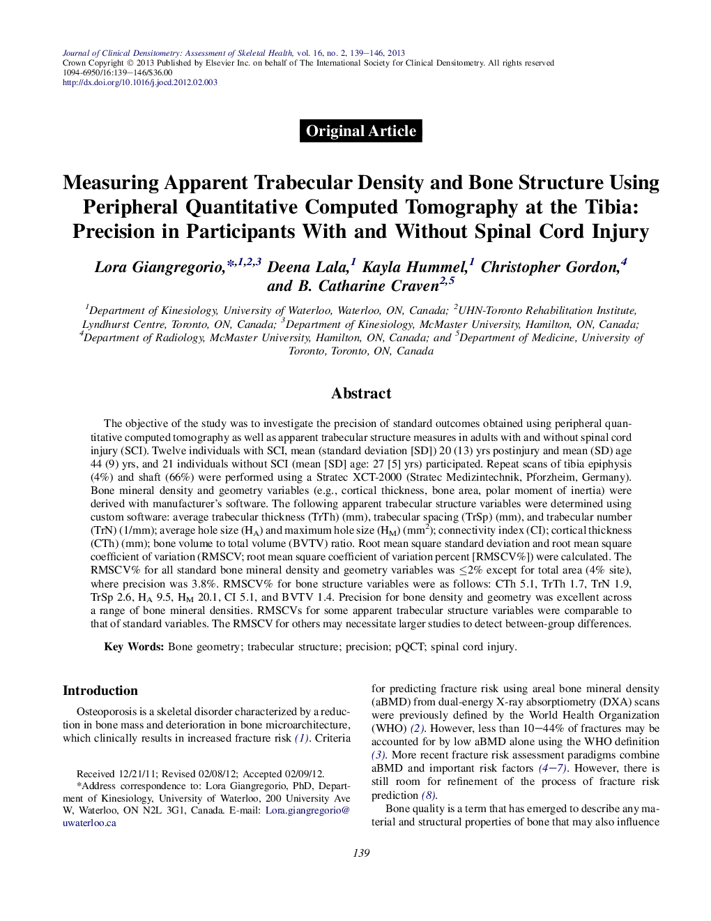 Measuring Apparent Trabecular Density and Bone Structure Using Peripheral Quantitative Computed Tomography at the Tibia: Precision in Participants With and Without Spinal Cord Injury