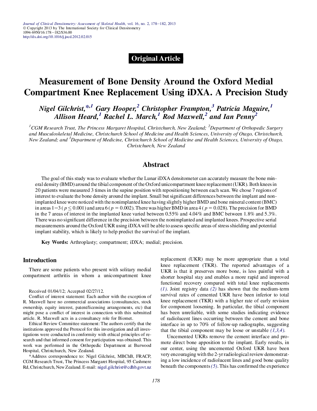 Measurement of Bone Density Around the Oxford Medial Compartment Knee Replacement Using iDXA. A Precision Study