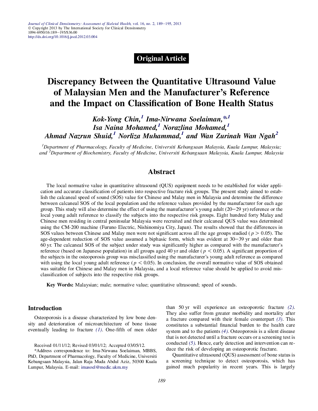 Discrepancy Between the Quantitative Ultrasound Value of Malaysian Men and the Manufacturer's Reference and the Impact on Classification of Bone Health Status