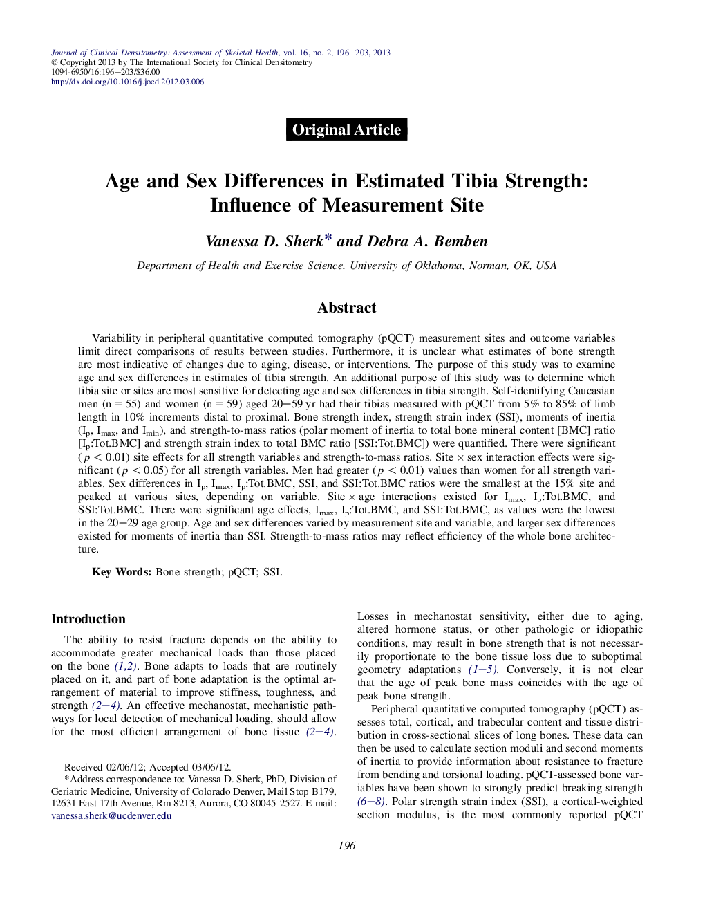 Age and Sex Differences in Estimated Tibia Strength: Influence of Measurement Site