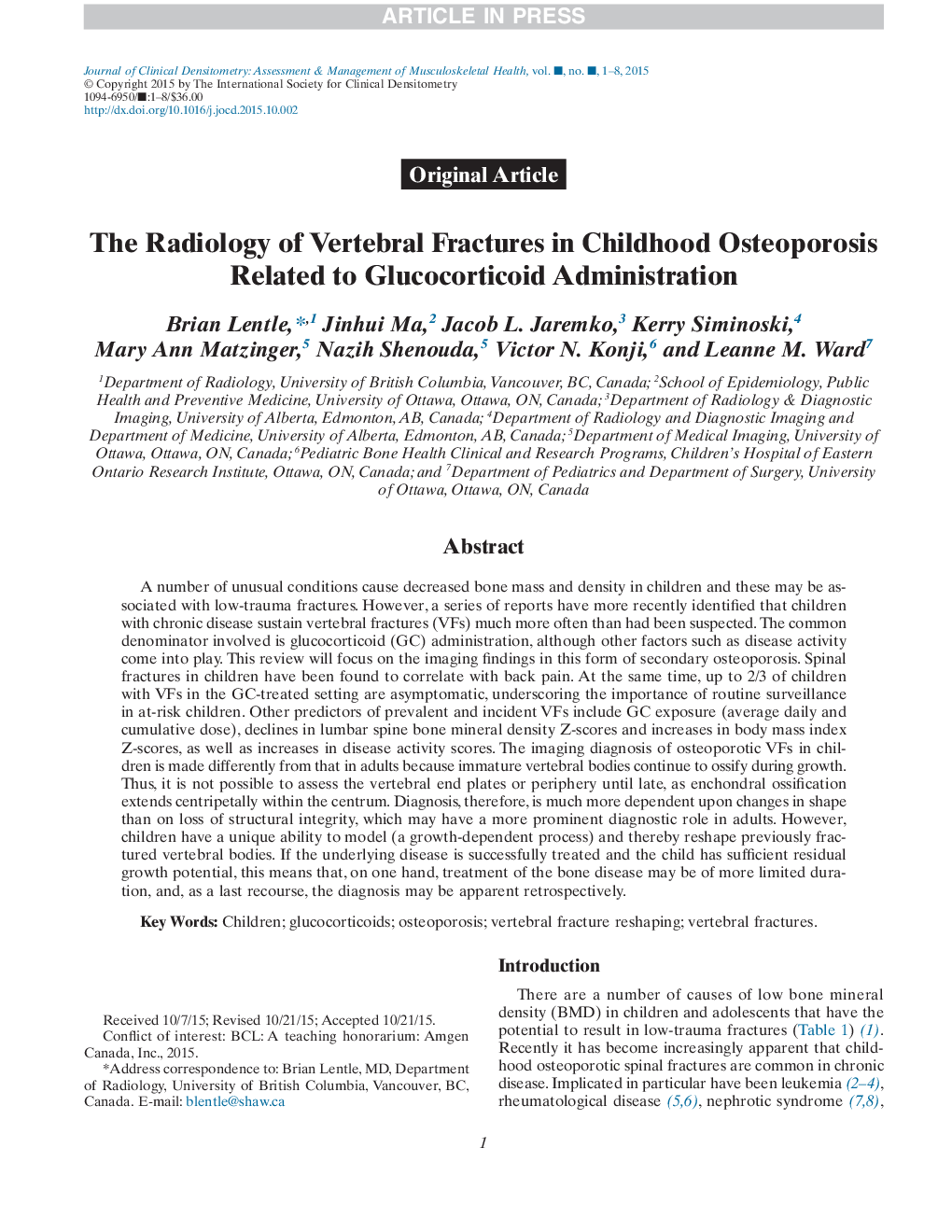 The Radiology of Vertebral Fractures in Childhood Osteoporosis Related to Glucocorticoid Administration