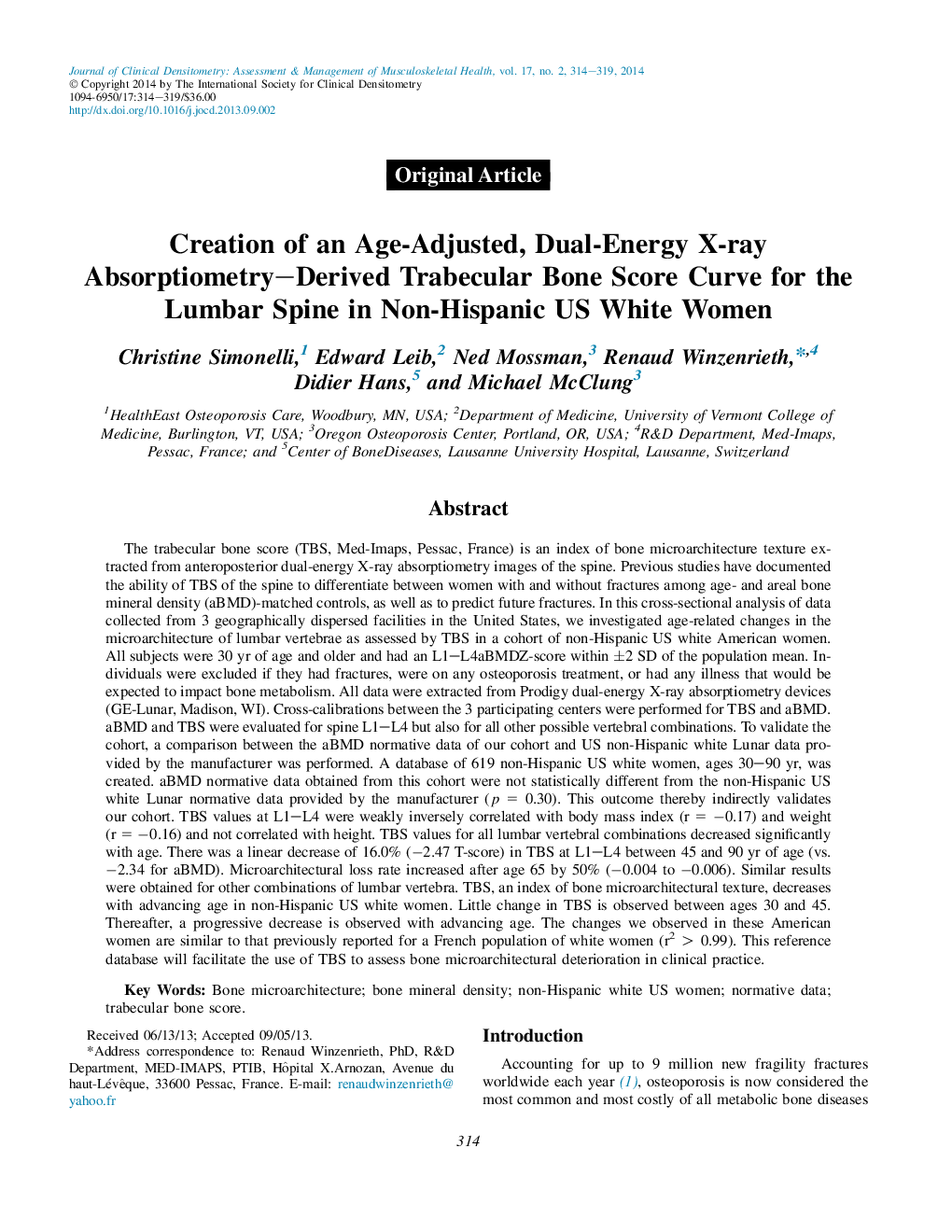 ایجاد یک منحنی نمره استخوان تراککولیک برای استخوان ستون فقرات کمری در خانم های سفید پوست غیر اسپانیایی 