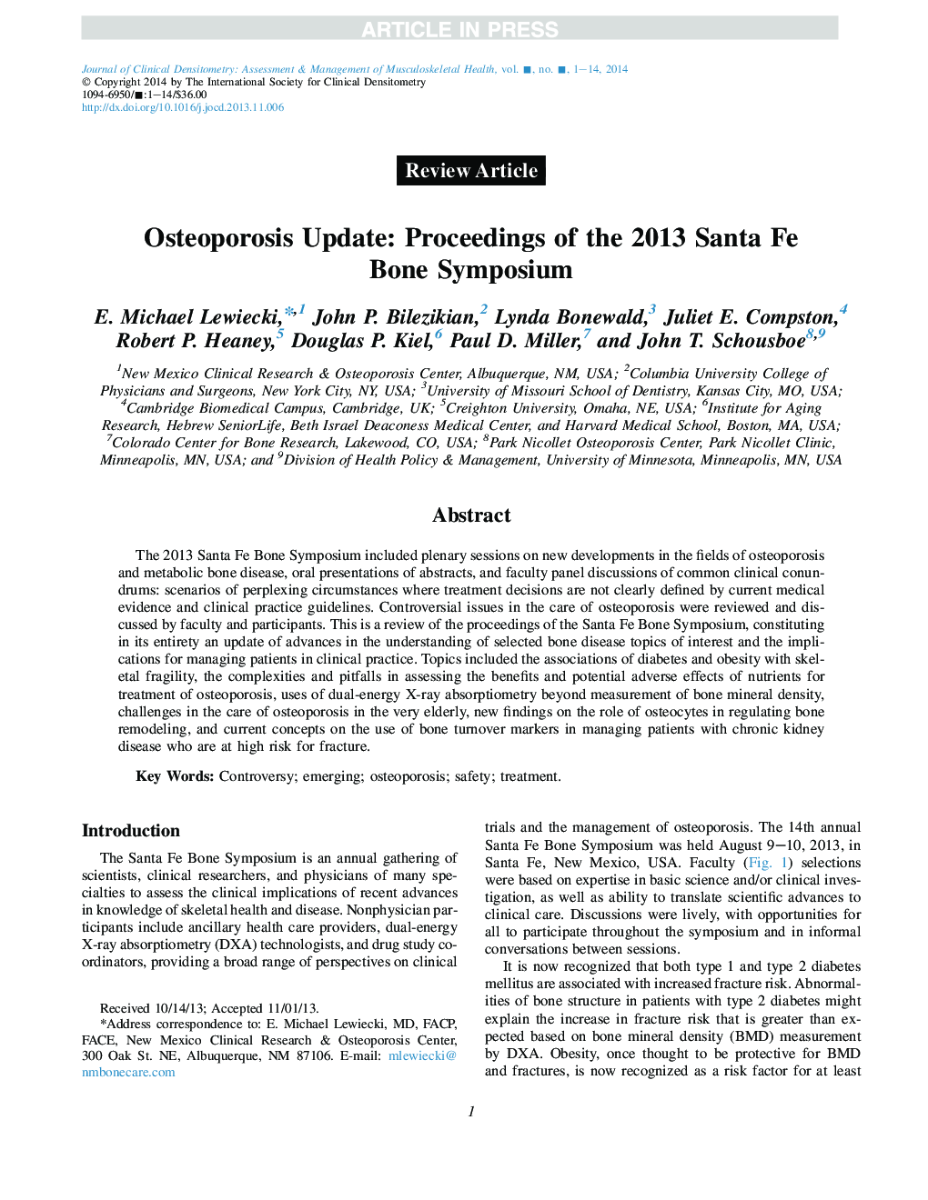 Osteoporosis Update: Proceedings of the 2013 Santa Fe Bone Symposium