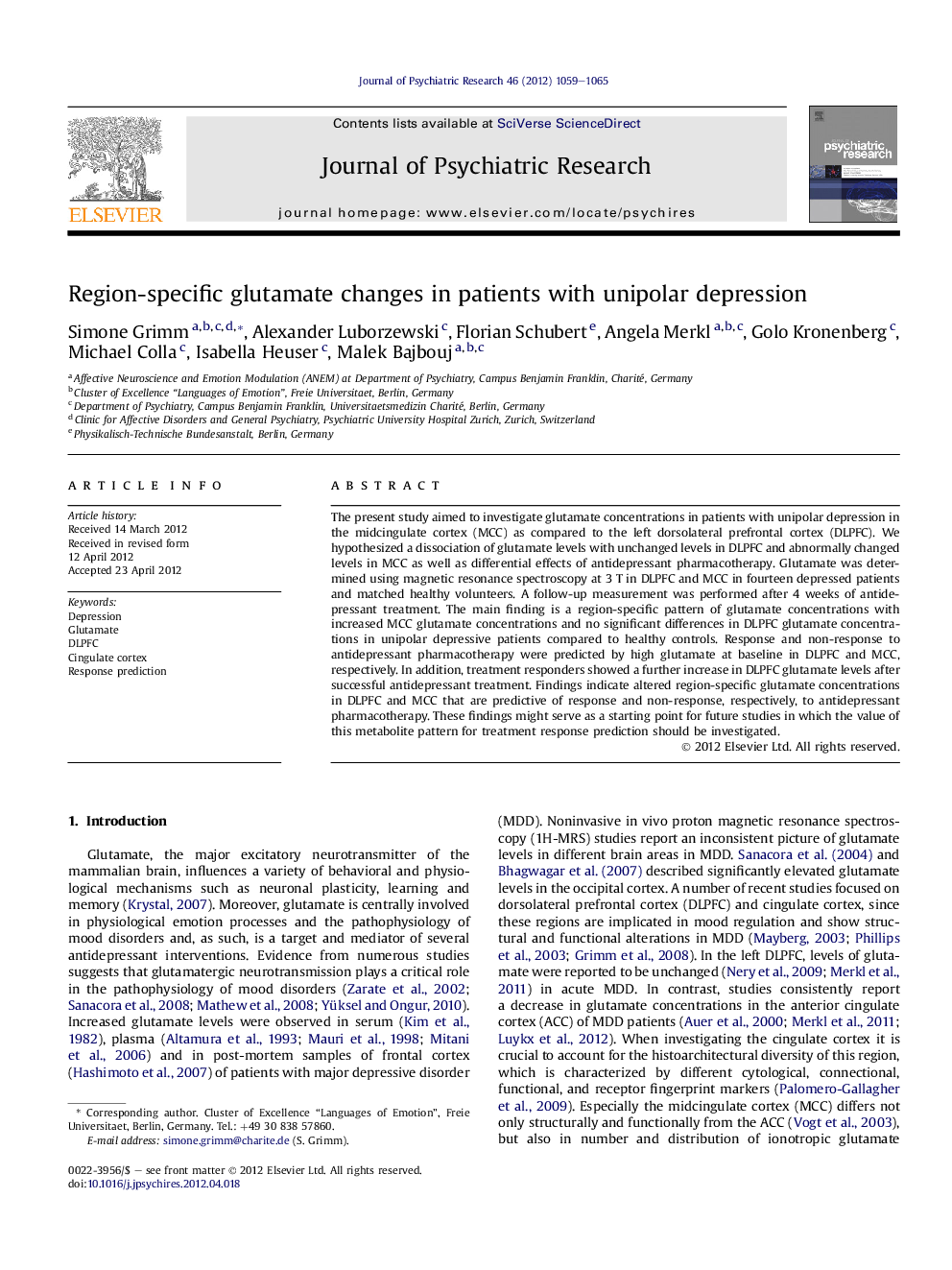 Region-specific glutamate changes in patients with unipolar depression