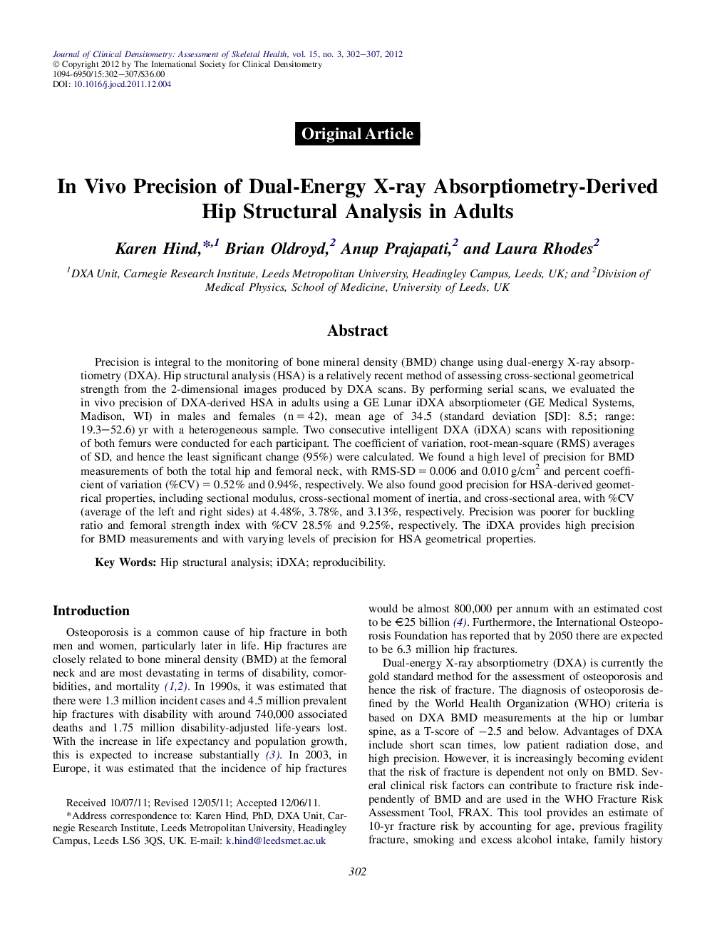 InÂ Vivo Precision of Dual-Energy X-ray Absorptiometry-Derived Hip Structural Analysis in Adults