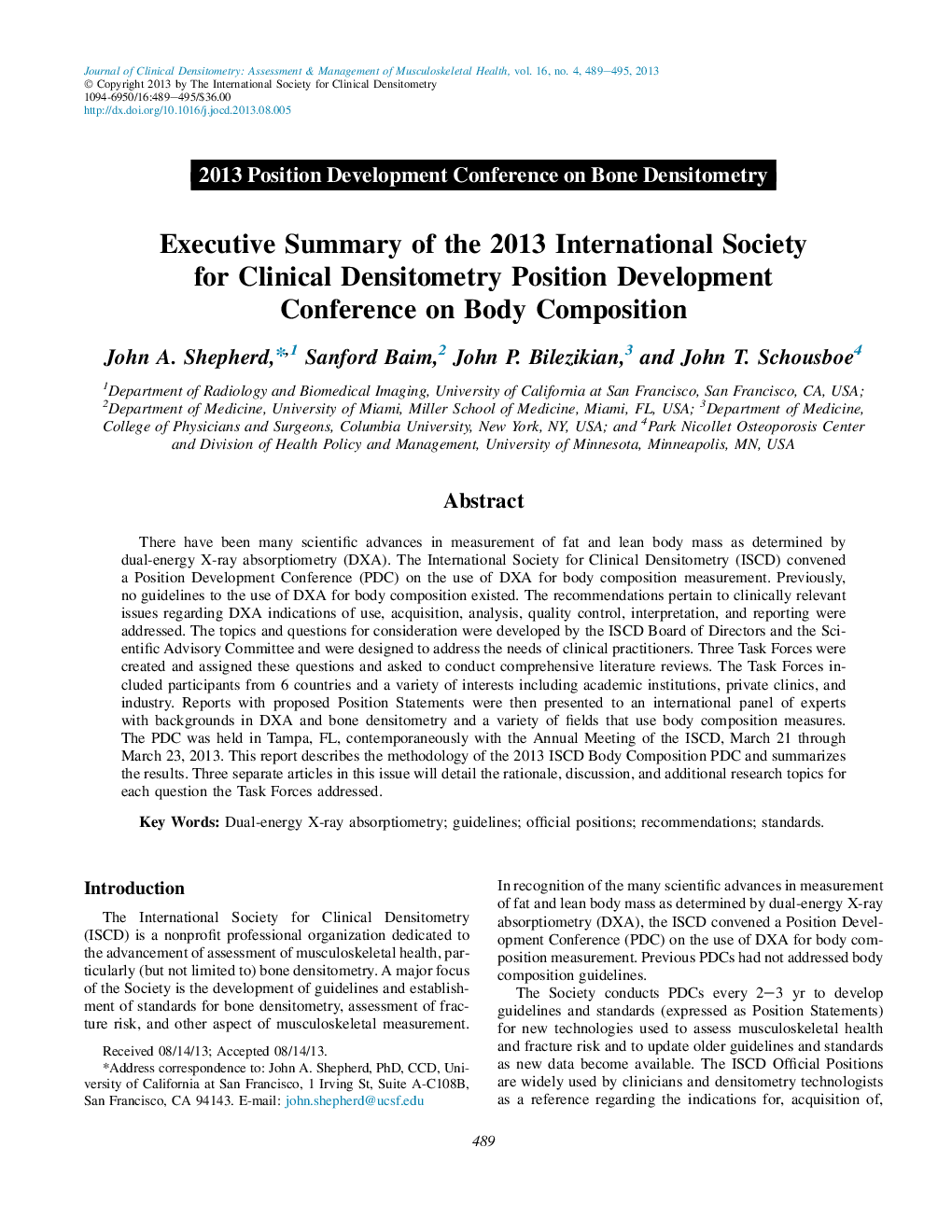 Executive Summary of the 2013 International Society for Clinical Densitometry Position Development Conference on Body Composition