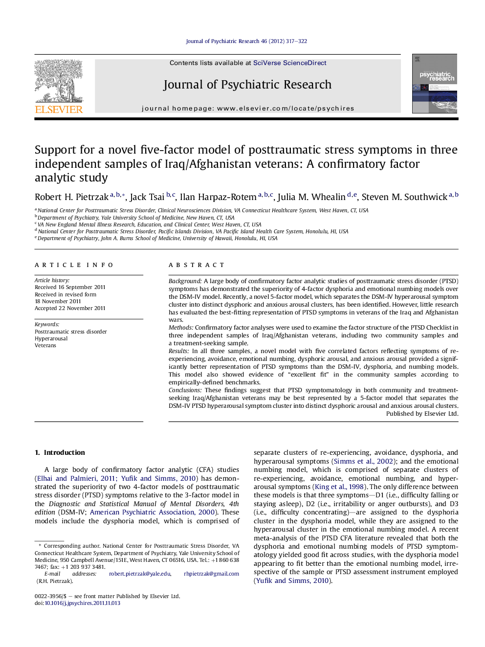 Support for a novel five-factor model of posttraumatic stress symptoms in three independent samples of Iraq/Afghanistan veterans: A confirmatory factor analytic study