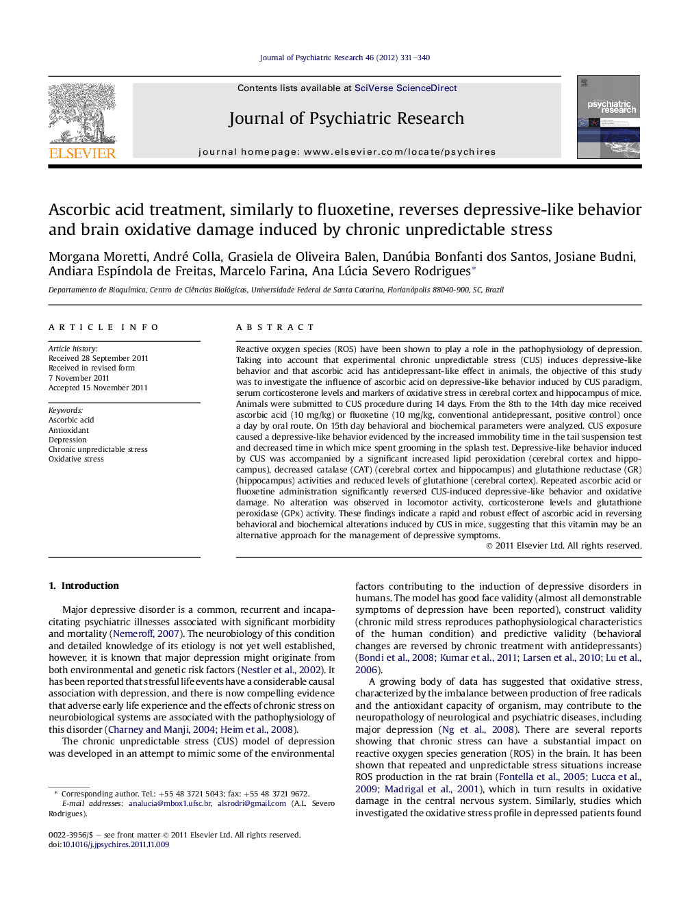 Ascorbic acid treatment, similarly to fluoxetine, reverses depressive-like behavior and brain oxidative damage induced by chronic unpredictable stress