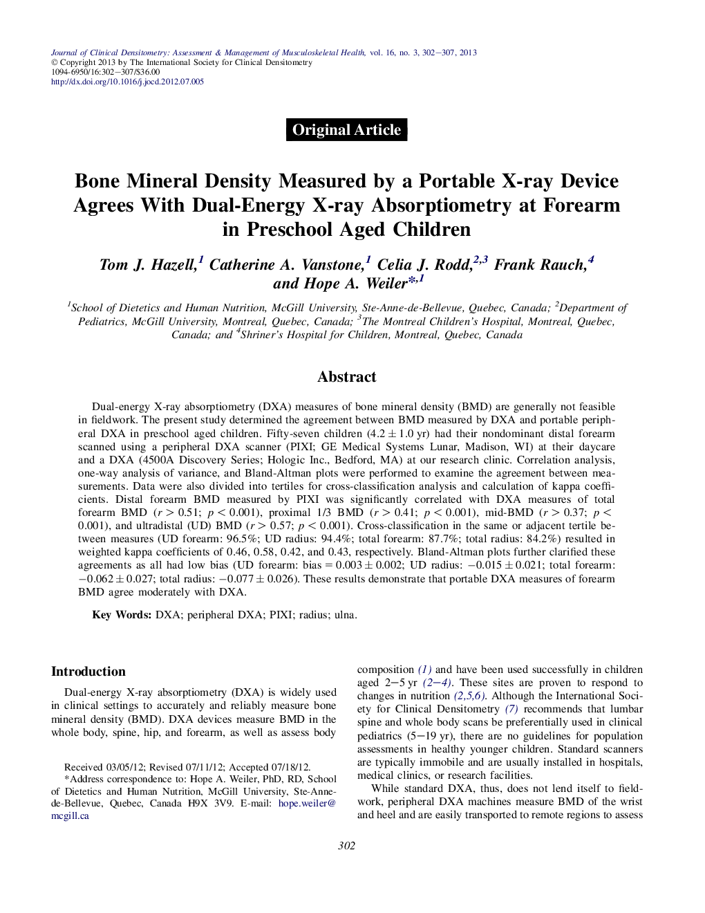 Bone Mineral Density Measured by a Portable X-ray Device Agrees With Dual-Energy X-ray Absorptiometry at Forearm in Preschool Aged Children