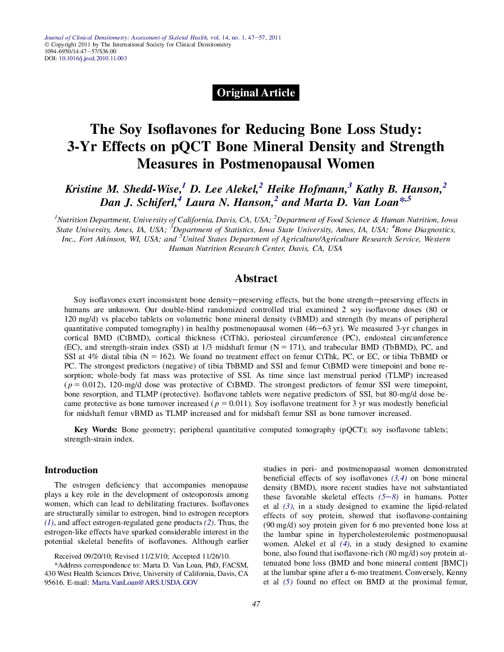 The Soy Isoflavones for Reducing Bone Loss Study: 3-Yr Effects on pQCT Bone Mineral Density and Strength Measures in Postmenopausal Women