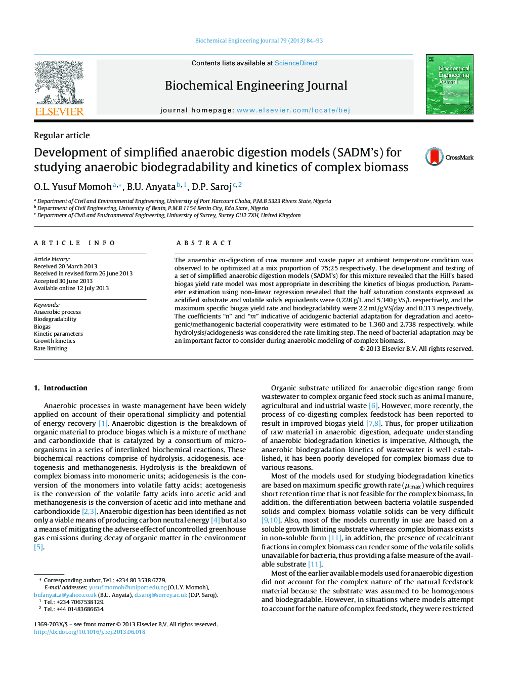 Development of simplified anaerobic digestion models (SADM's) for studying anaerobic biodegradability and kinetics of complex biomass