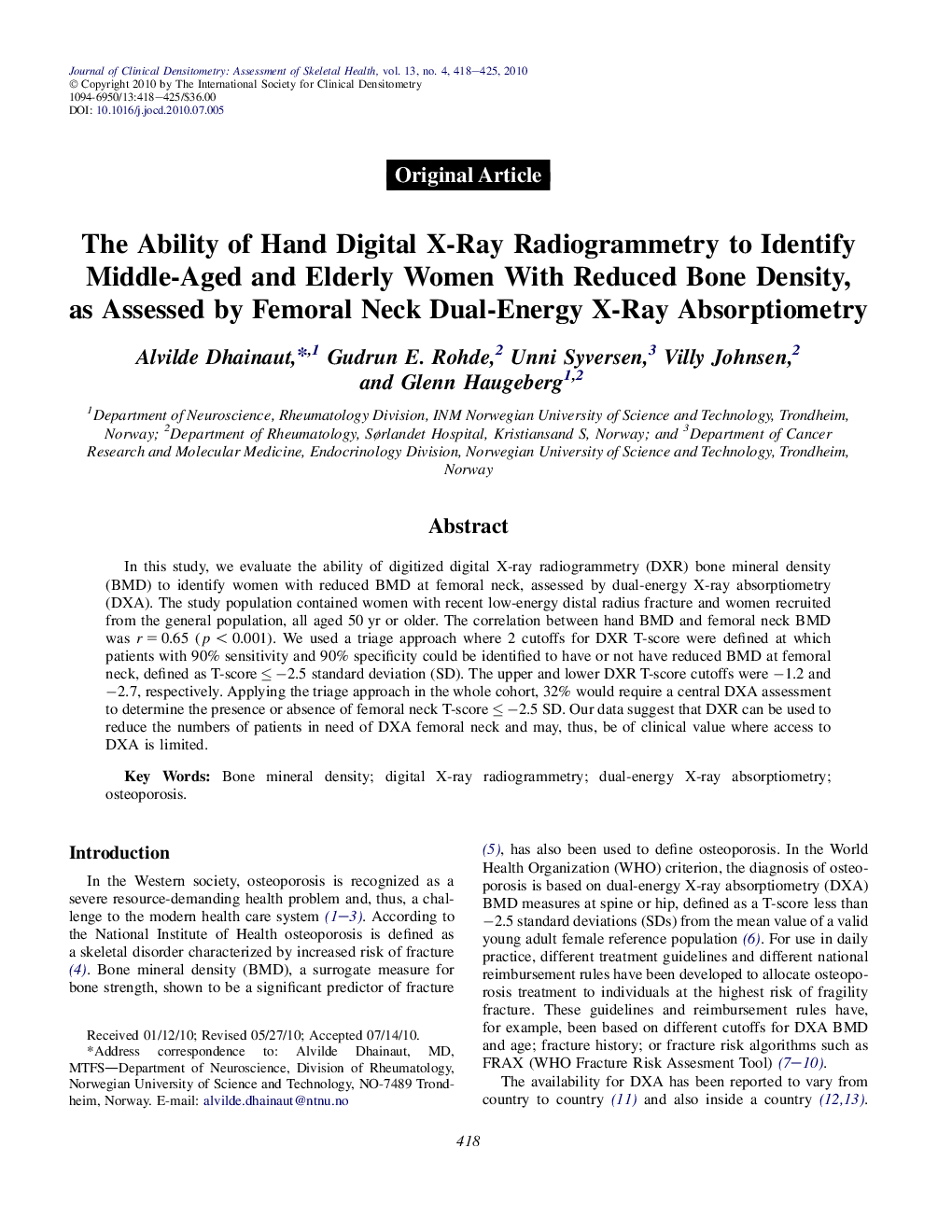 The Ability of Hand Digital X-Ray Radiogrammetry to Identify Middle-Aged and Elderly Women With Reduced Bone Density, as Assessed by Femoral Neck Dual-Energy X-Ray Absorptiometry