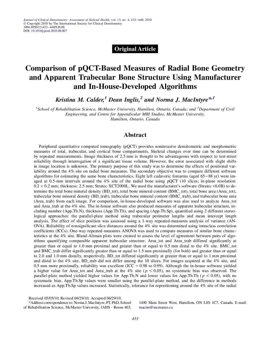 Comparison of pQCT-Based Measures of Radial Bone Geometry and Apparent Trabecular Bone Structure Using Manufacturer and In-House-Developed Algorithms