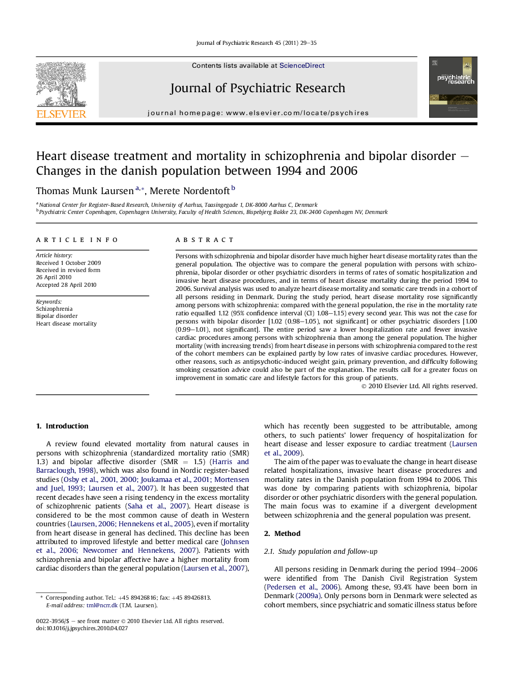 Heart disease treatment and mortality in schizophrenia and bipolar disorder – Changes in the danish population between 1994 and 2006
