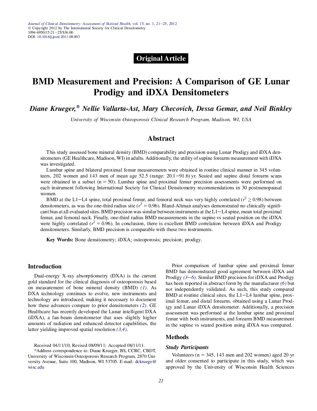 BMD Measurement and Precision: A Comparison of GE Lunar Prodigy and iDXA Densitometers