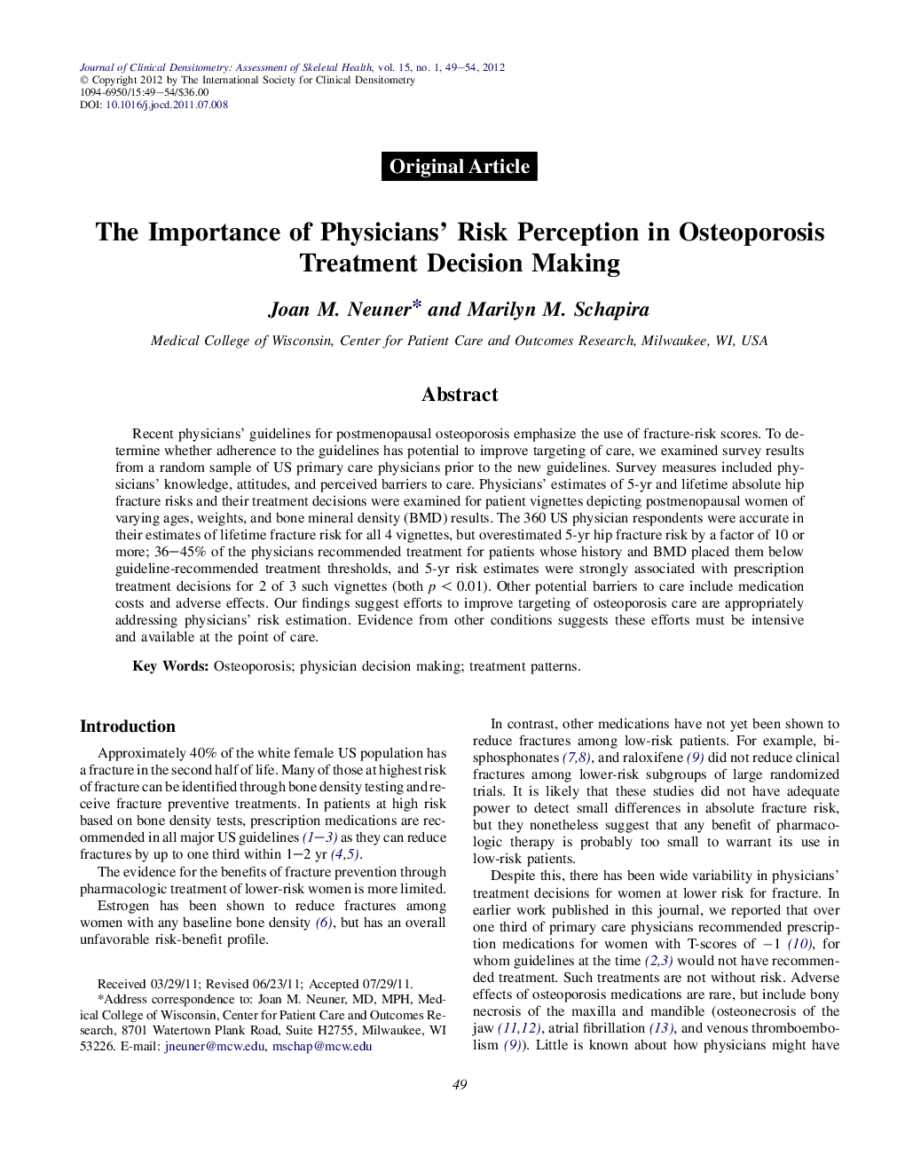 The Importance of Physicians' Risk Perception in Osteoporosis Treatment Decision Making