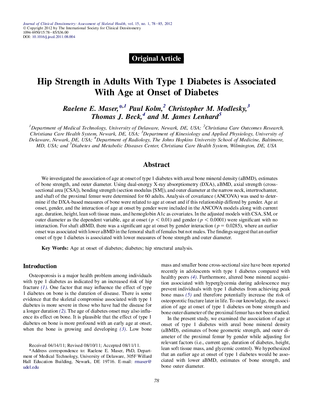 Hip Strength in Adults With Type 1 Diabetes is Associated With Age at Onset of Diabetes