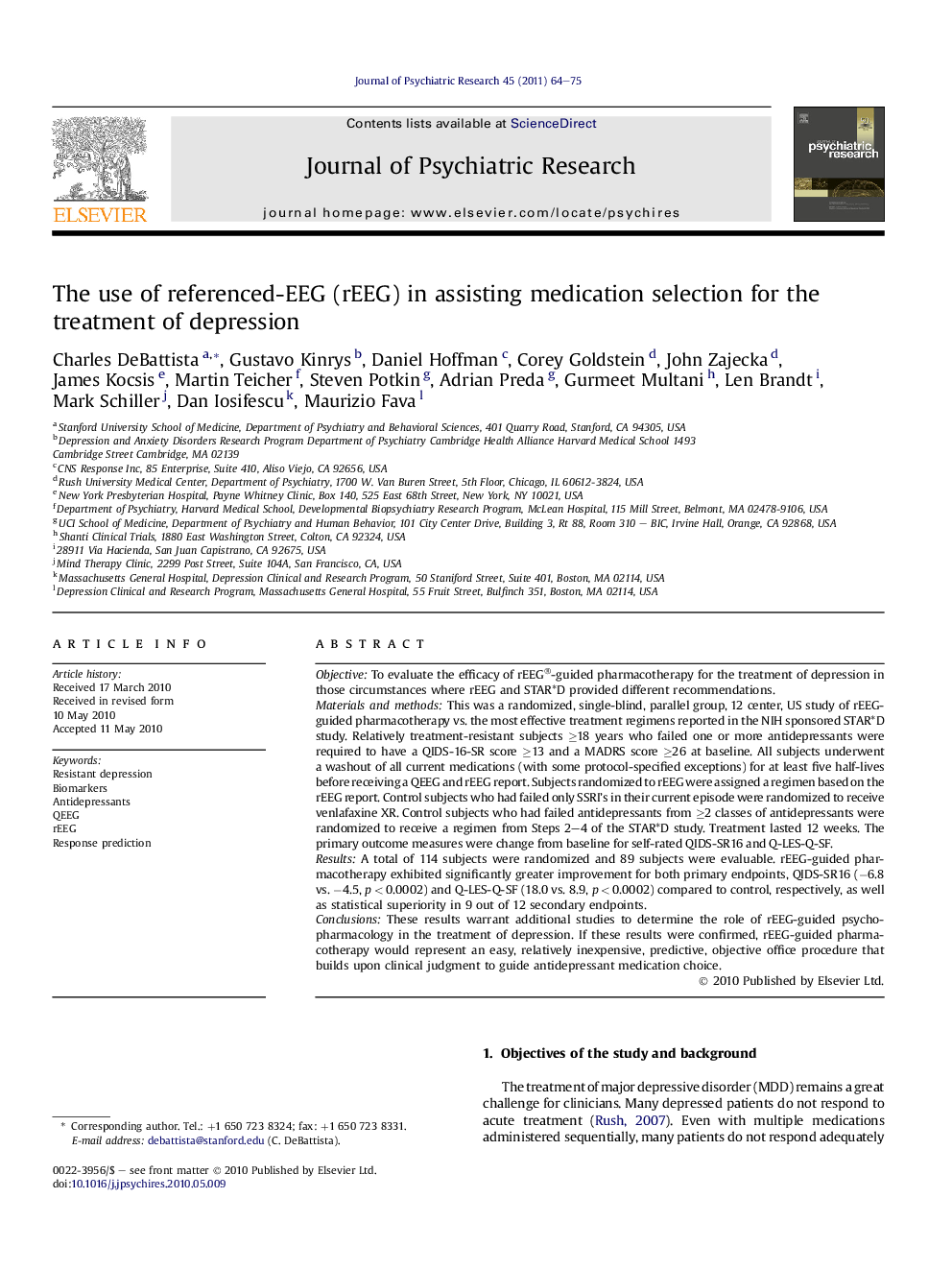 The use of referenced-EEG (rEEG) in assisting medication selection for the treatment of depression